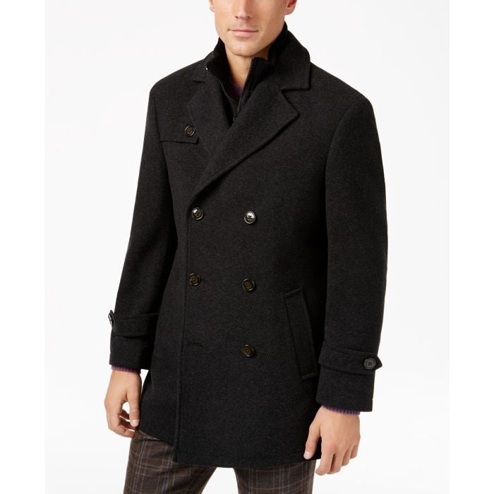 Double-Breasted Wool-Blend Peacoat with Knit Bib Inset,charcoal overcoat Notched collar