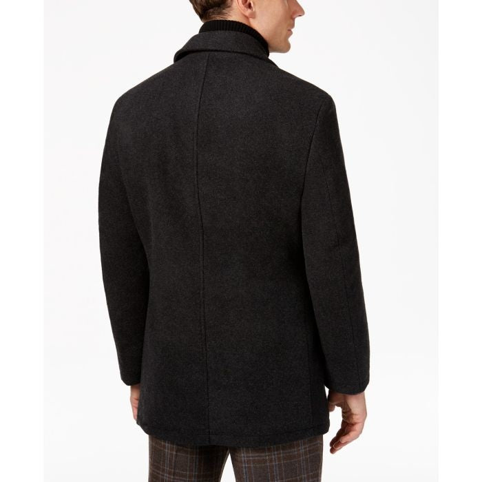 Double-Breasted Wool-Blend Peacoat with Knit Bib Inset,charcoal overcoat Notched collar