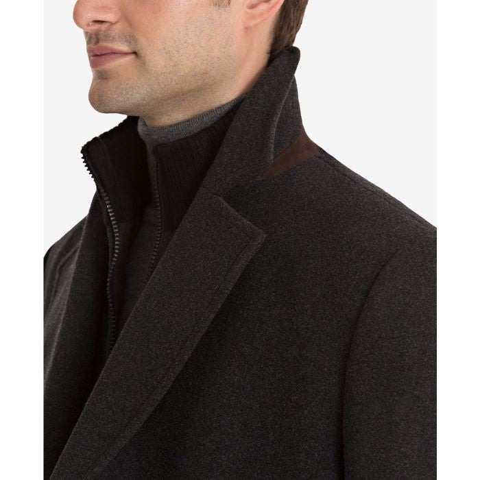 Double-Breasted Wool-Blend Peacoat with Knit Bib Inset,charcoal overcoat Notched collar