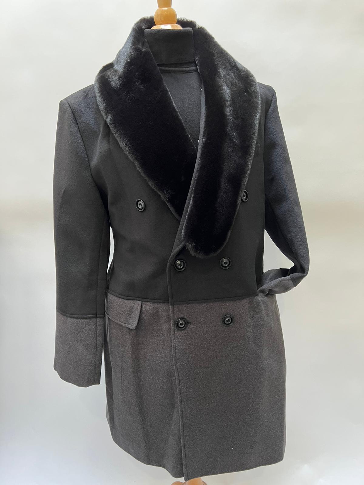 Mens Double-Breasted Wool Overcoat with Faux Fur Shawl Collar Classic Winter Dress Coat in Half Black and Charcoal - Coat Size 38