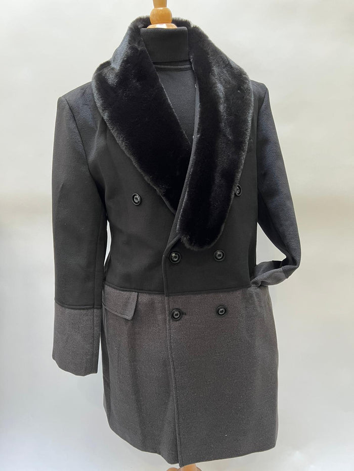 Mens Double-Breasted Wool Overcoat with Faux Fur Shawl Collar Classic Winter Dress Coat in Half Black and Charcoal