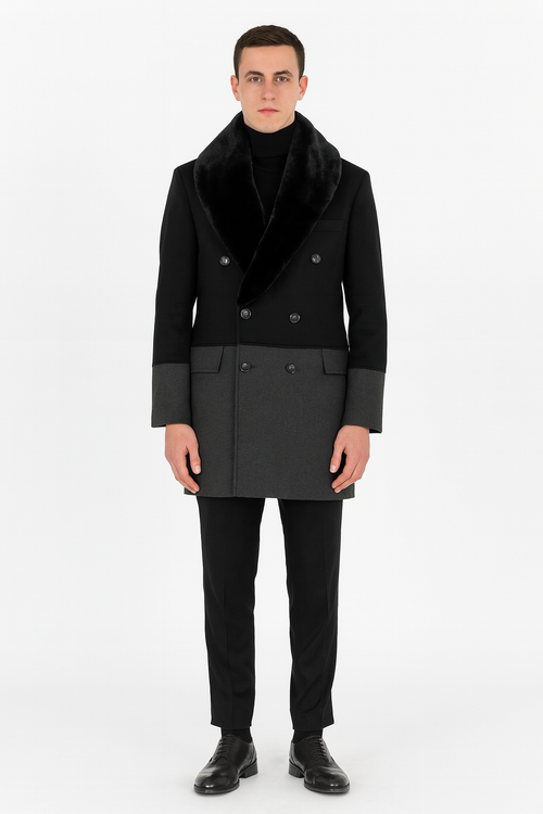 Mens Double-Breasted Wool Overcoat with Faux Fur Shawl Collar Classic Winter Dress Coat in Half Black and Charcoal