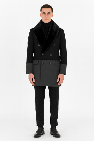 Mens Double-Breasted Wool Overcoat with Faux Fur Shawl Collar Classic Winter Dress Coat in Half Black and Charcoal