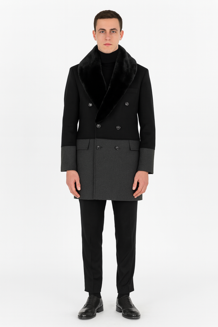 Mens Double-Breasted Wool Overcoat with Faux Fur Shawl Collar Classic Winter Dress Coat in Half Black and Charcoal