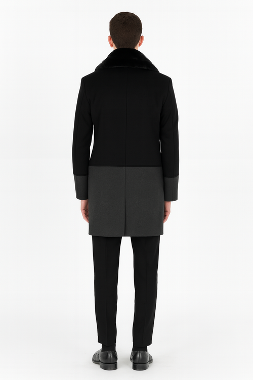 Mens Double-Breasted Wool Overcoat with Faux Fur Shawl Collar Classic Winter Dress Coat in Half Black and Charcoal
