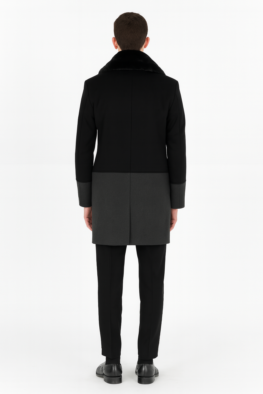 Men’s Double-Breasted Wool Overcoat with Faux Fur Shawl Collar – Classic Winter Dress Coat in Half Black and Charcoal - Coat Size 38