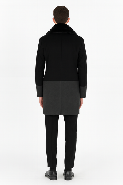 Mens Double-Breasted Wool Overcoat with Faux Fur Shawl Collar Classic Winter Dress Coat in Half Black and Charcoal