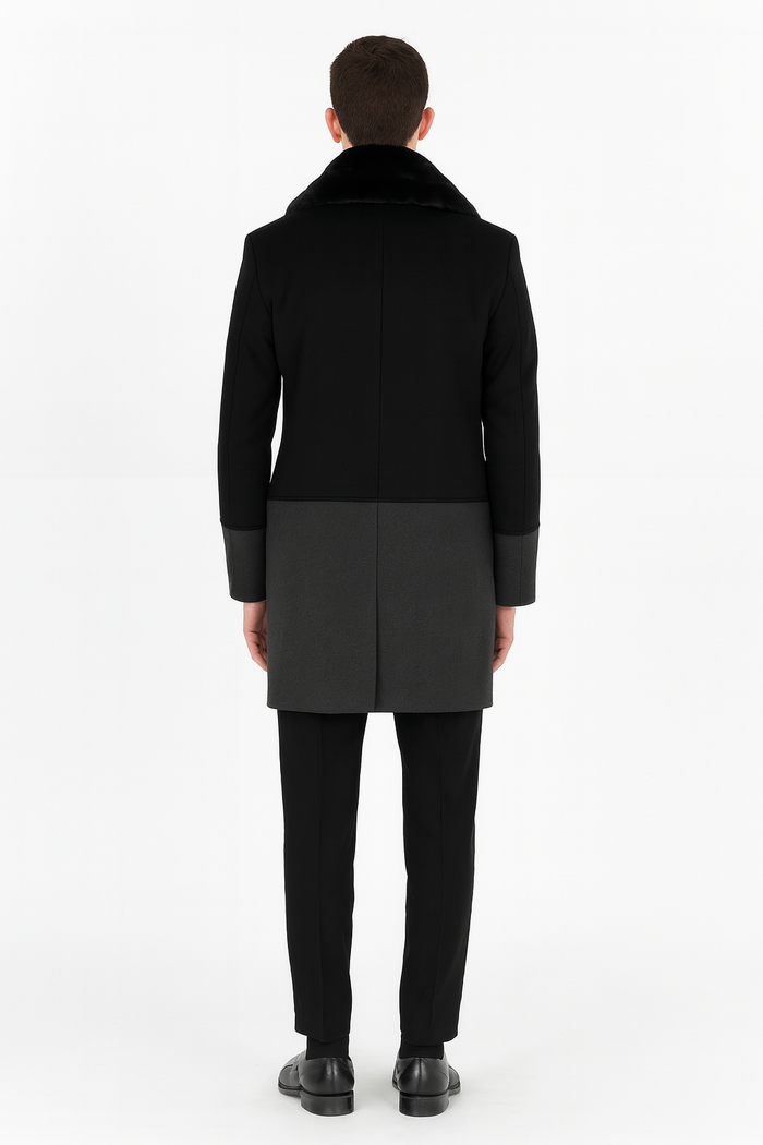 Mens Double-Breasted Wool Overcoat with Faux Fur Shawl Collar Classic Winter Dress Coat in Half Black and Charcoal