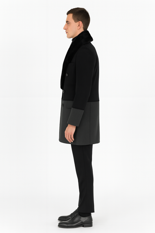 Mens Double-Breasted Wool Overcoat with Faux Fur Shawl Collar Classic Winter Dress Coat in Half Black and Charcoal