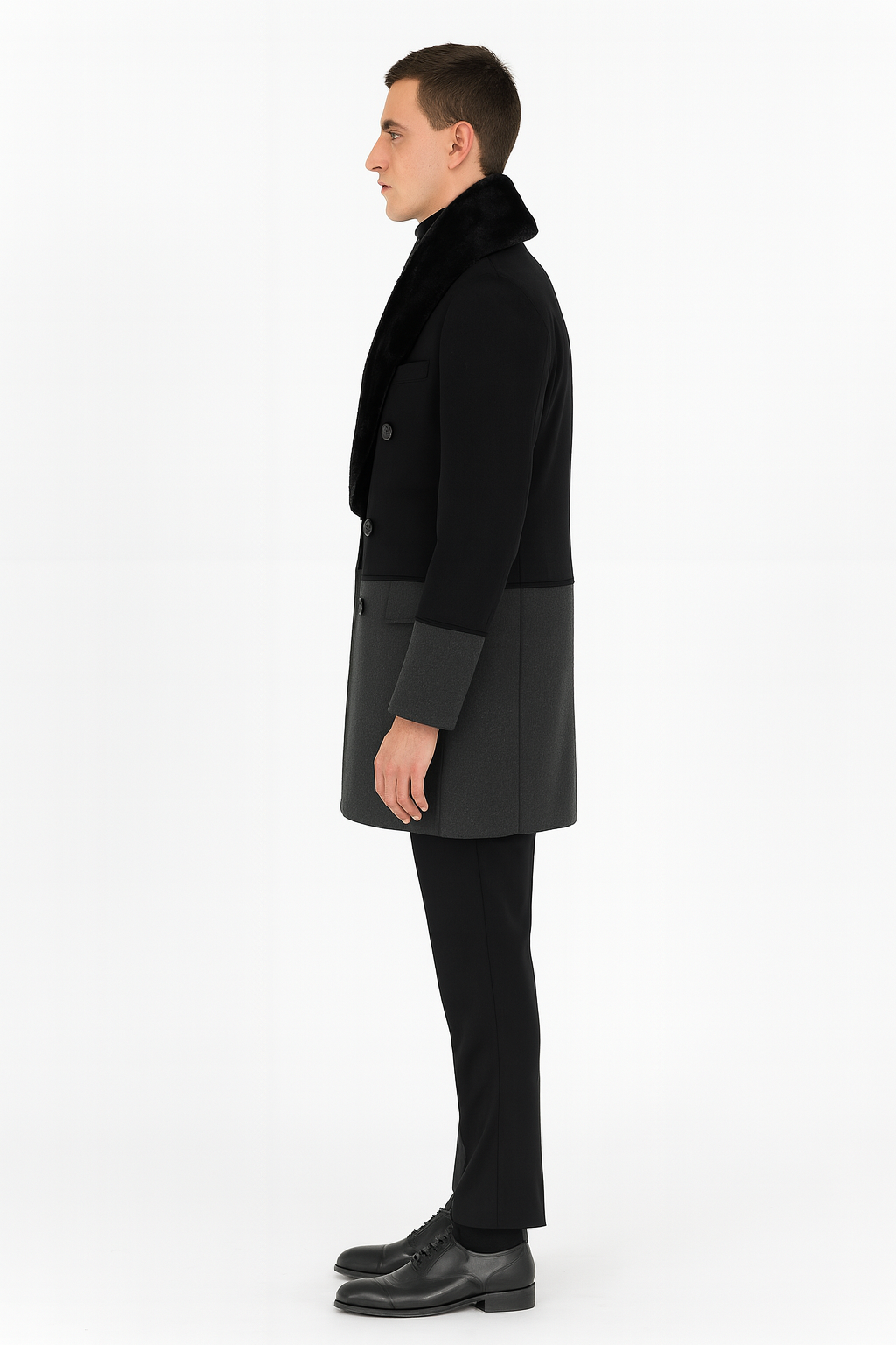 Men’s Double-Breasted Wool Overcoat with Faux Fur Shawl Collar – Classic Winter Dress Coat in Half Black and Charcoal - Coat Size 38