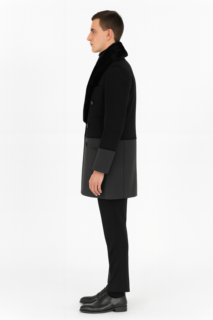 Mens Double-Breasted Wool Overcoat with Faux Fur Shawl Collar Classic Winter Dress Coat in Half Black and Charcoal