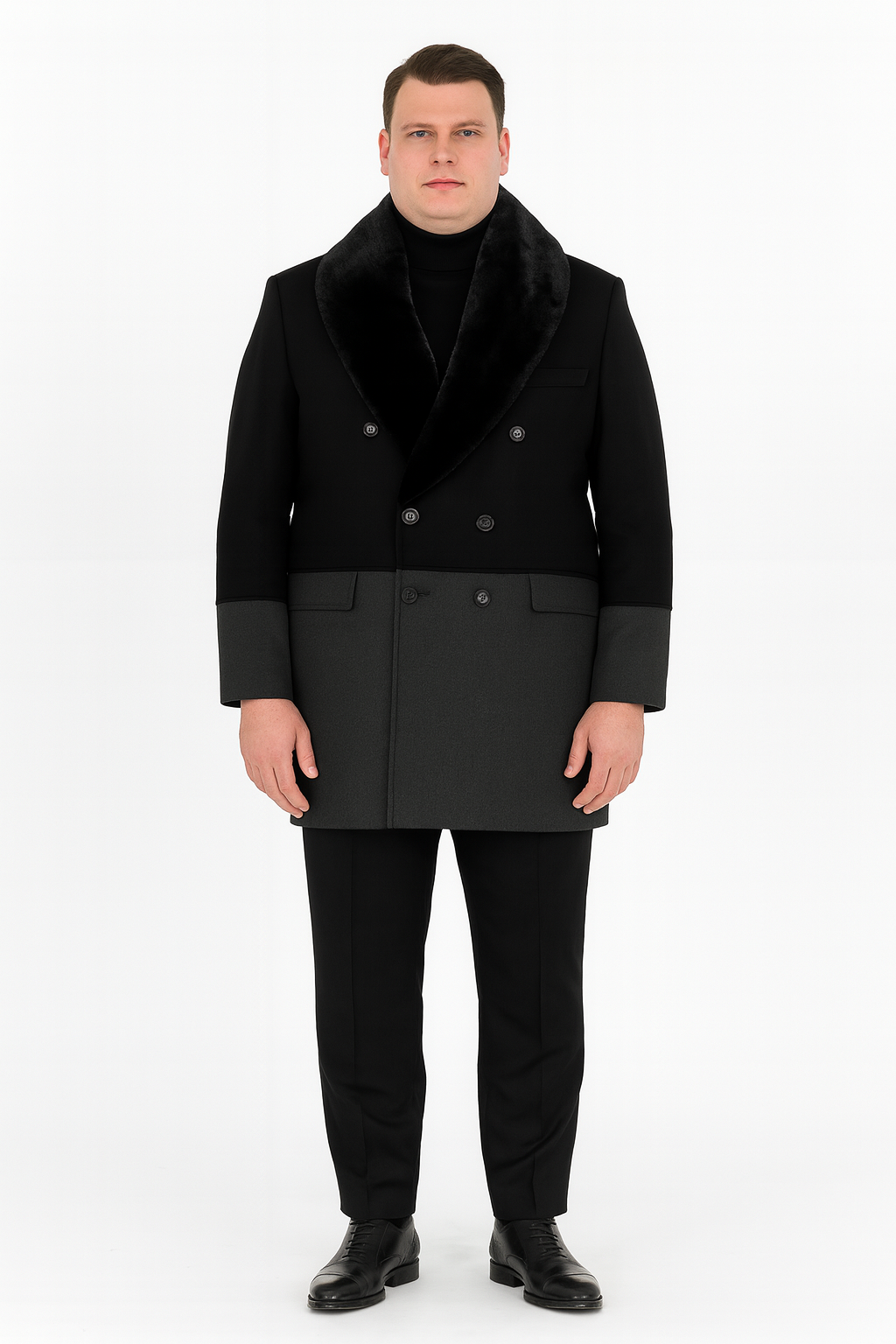 Mens Double-Breasted Wool Overcoat with Faux Fur Shawl Collar Classic Winter Dress Coat in Half Black and Charcoal - Coat Size 38