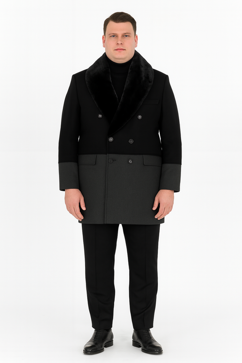 Mens Double-Breasted Wool Overcoat with Faux Fur Shawl Collar Classic Winter Dress Coat in Half Black and Charcoal