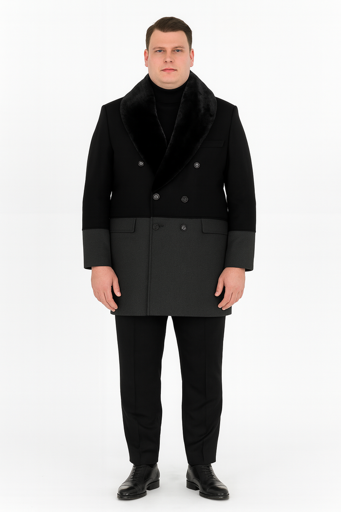 Mens Double-Breasted Wool Overcoat with Faux Fur Shawl Collar Classic Winter Dress Coat in Half Black and Charcoal