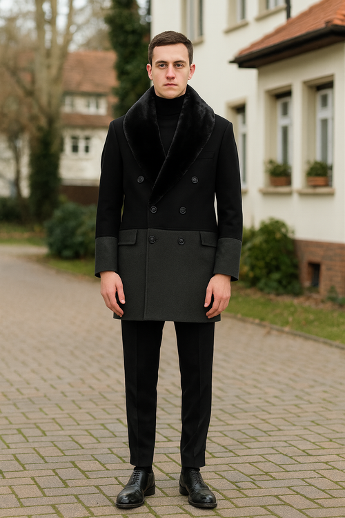 Mens Double-Breasted Wool Overcoat with Faux Fur Shawl Collar Classic Winter Dress Coat in Half Black and Charcoal