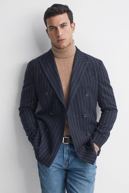 Mens Double Breasted Navy Blue Pinstripe Blazer Stripe Sport Coat Jacket