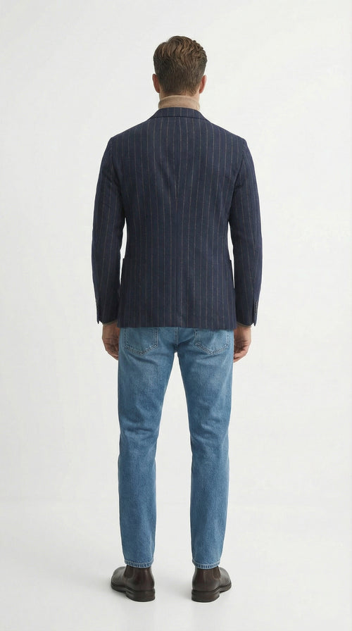 Mens Double Breasted Navy Blue Pinstripe Blazer Stripe Sport Coat Jacket