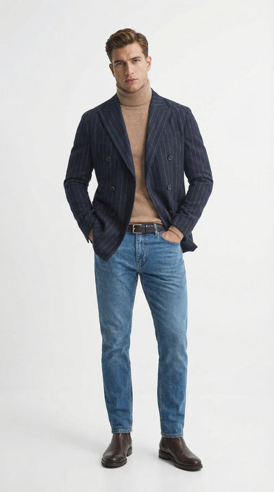 Mens Double Breasted Navy Blue Pinstripe Blazer Stripe Sport Coat Jacket