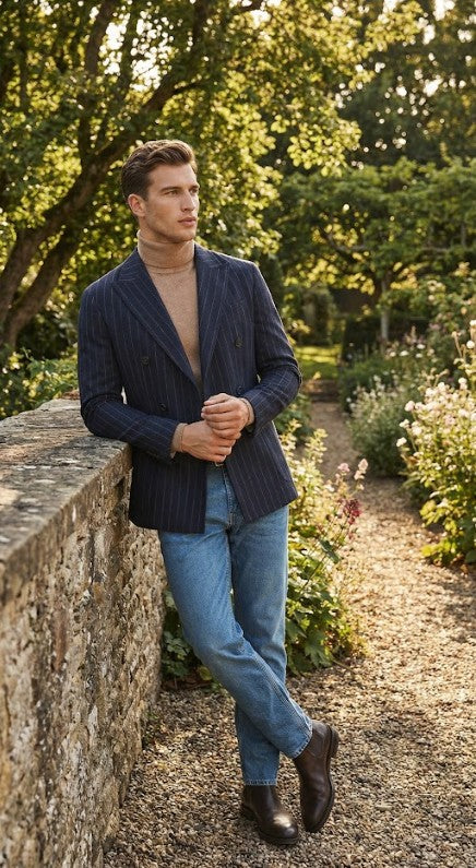 Mens Double Breasted Navy Blue Pinstripe Blazer Stripe Sport Coat Jacket