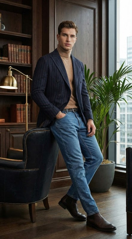 Mens Double Breasted Navy Blue Pinstripe Blazer Stripe Sport Coat Jacket