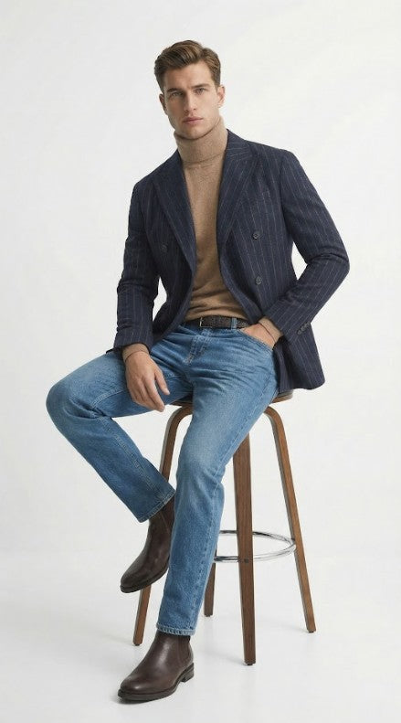 Mens Double Breasted Navy Blue Pinstripe Blazer Stripe Sport Coat Jacket