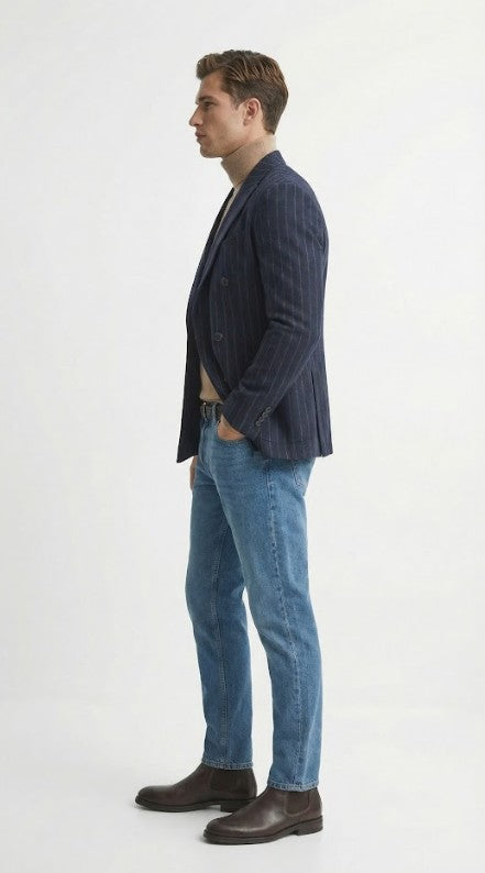 Mens Double Breasted Navy Blue Pinstripe Blazer Stripe Sport Coat Jacket
