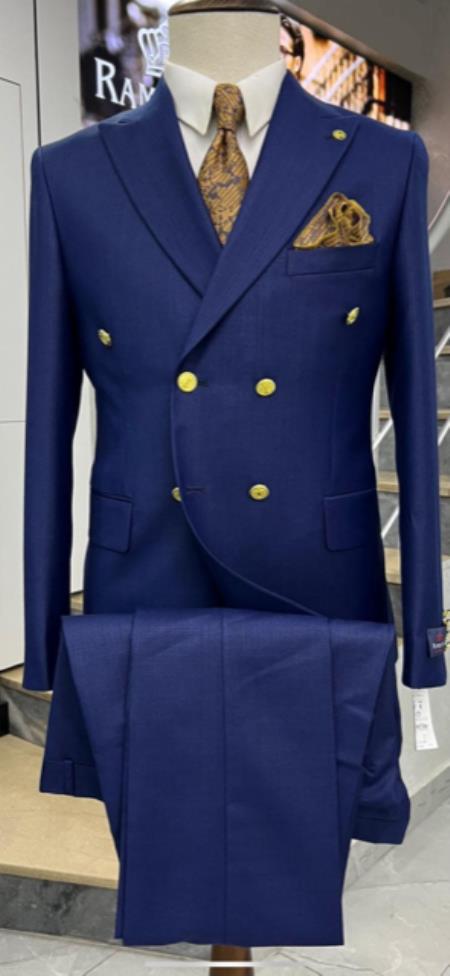 Mens Double Breasted Suits Gold Buttons - 100% Wool Royal Blue - Double Breasted Blazer