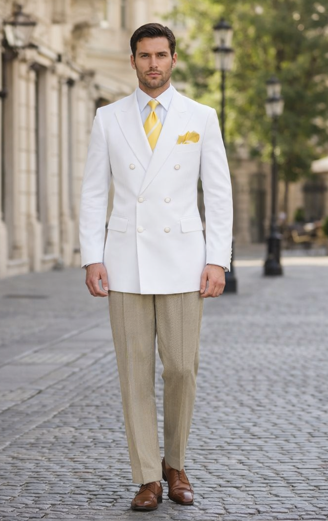 Classic Mens White Double Breasted Sport Coat | Elegant Formal Blazer Jacket