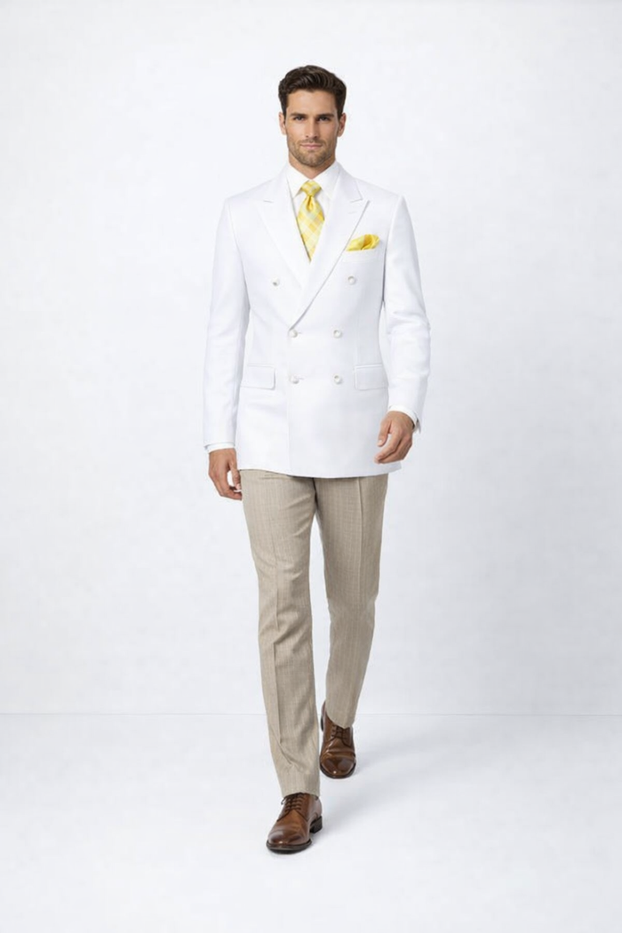 Classic Mens White Double Breasted Sport Coat | Elegant Formal Blazer Jacket