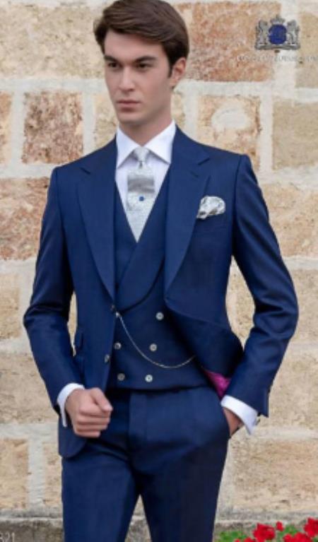 Mens Suits With Double Breasted Vest - Single Button Peak Lapel Wedding Royal Blue Suits