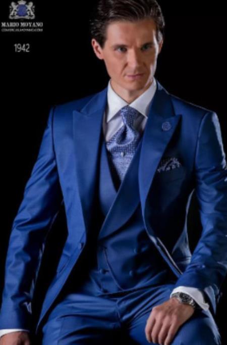 Mens Suits With Double Breasted Vest - Single Button Peak Lapel Royal Blue Groom Suits