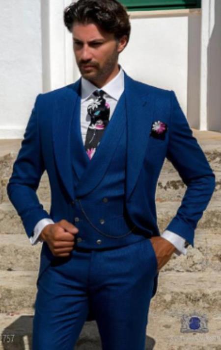 Mens Suits With Double Breasted Vest - Single Button Peak Lapel Groom Royal Blue Suits