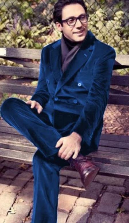 Mens Double Breasted Suits Slim Fitted - Velvet Suit - Winter Fabric Dark Royal Suit - 38 Short Jacket+32 Waist Adjustable 28to34)(Height: 5 4 to5 7 )(Neck  15-16.5)S-M)