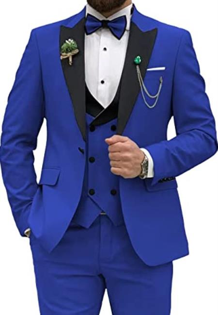 Men 3 Piece Double Breasted Suit Royal Blue - 38 Short Jacket+32 Waist Adjustable 28to34)(Height: 5 4 to5 7 )(Neck  15-16.5)S-M)