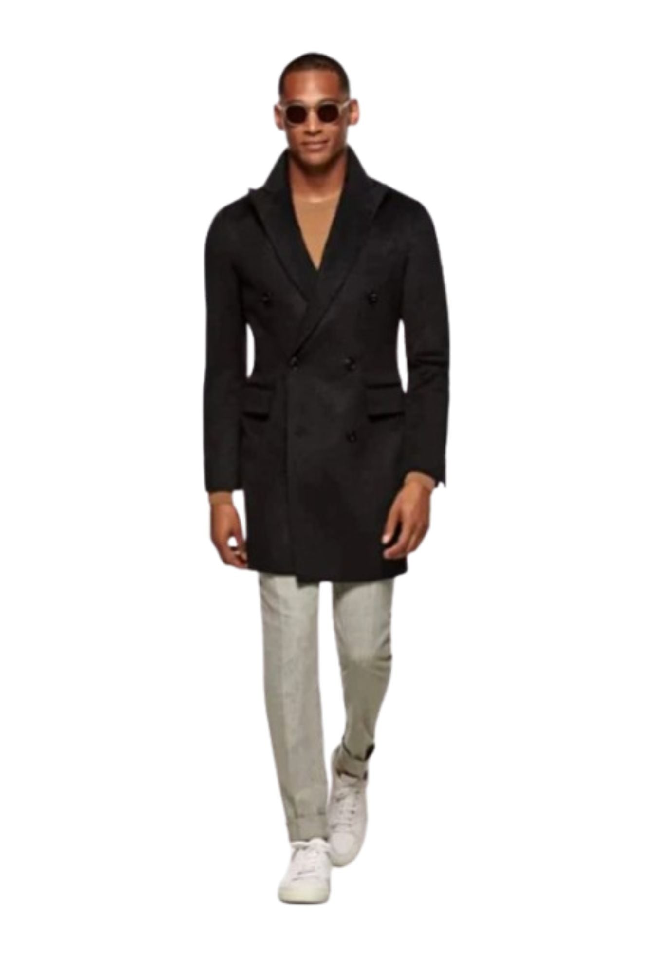 Double Breasted Wool Overcoat - Black 3/4 Length Car Coat