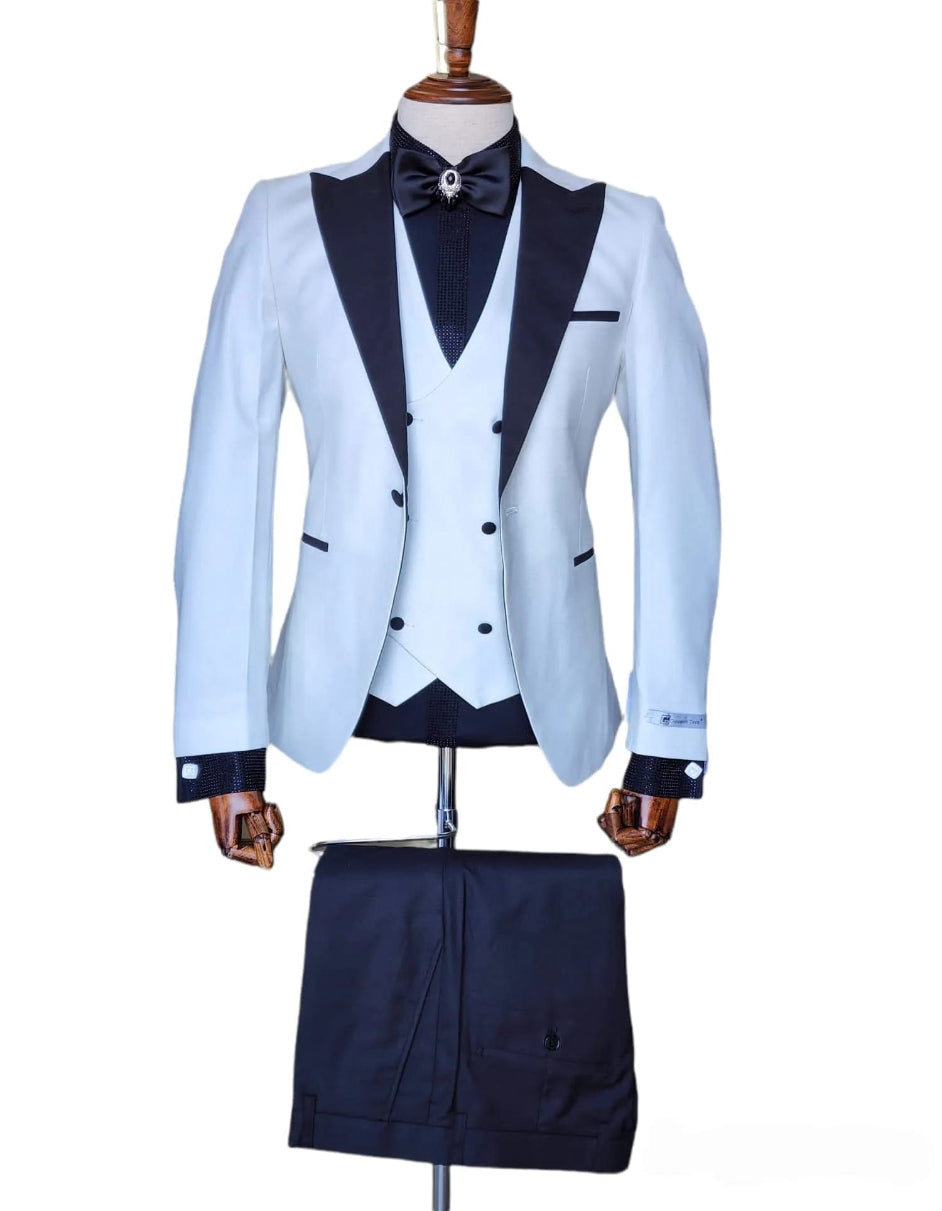 Ivory Tuxedo - Cream Wedding Suit  - Off White Groom Slim Fit  Suit - 38 Short Jacket+32 Waist Adjustable 28to34)(Height: 5 4 to5 7 )(Neck  15-16.5)S-M)