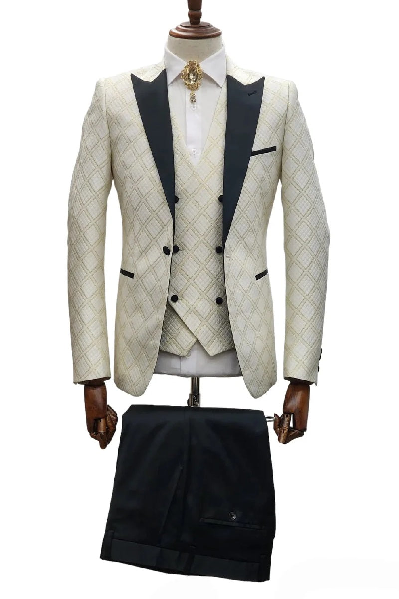 Ivory Tuxedo - Cream Wedding Suit  - Off White Groom Peak Lapel  Suit