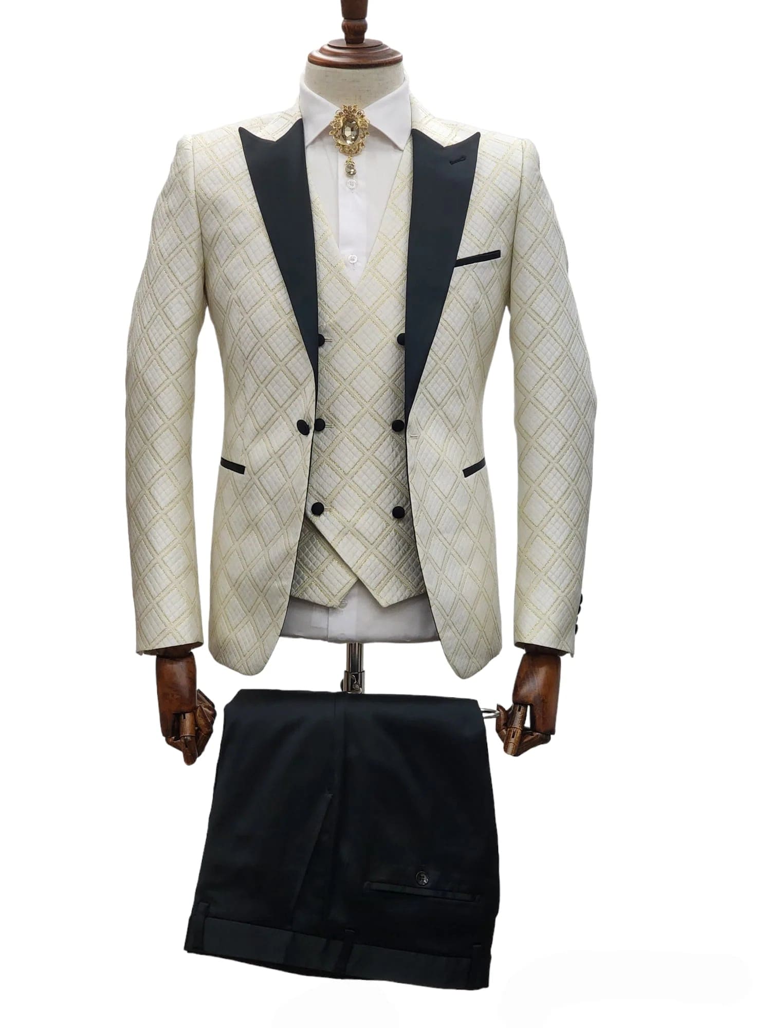 Ivory Tuxedo - Cream Wedding Suit  - Off White Groom Peak Lapel  Suit - 38 Short Jacket+32 Waist Adjustable 28to34)(Height: 5 4 to5 7 )(Neck  15-16.5)S-M)