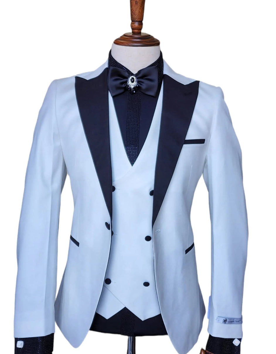 Ivory Tuxedo - Cream Wedding Suit  - Off White Groom Slim Fit  Suit - 38 Short Jacket+32 Waist Adjustable 28to34)(Height: 5 4 to5 7 )(Neck  15-16.5)S-M)