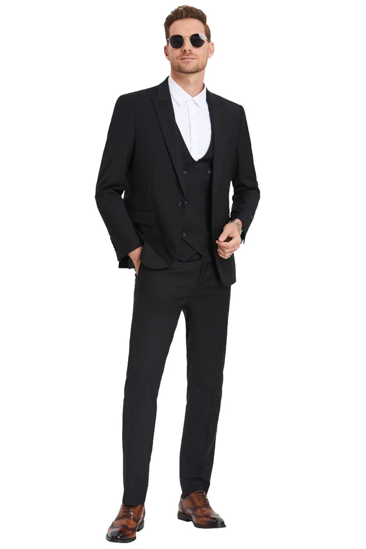 Cheap Suit - Men's Slim Fit One Button Peak Lapel Low Cut Double Breasted Vest Wedding Black Suit