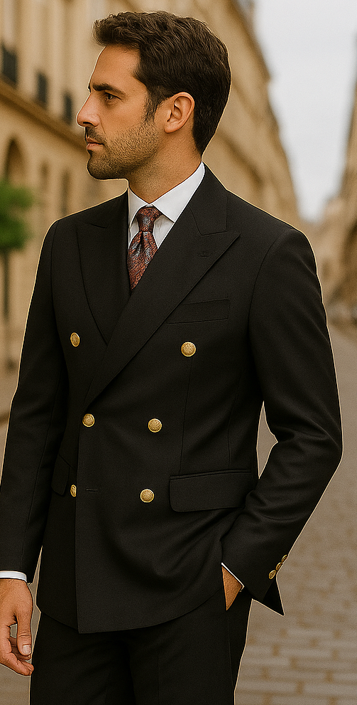 Double Breasted Blazer with Gold Buttons - Black Sport Coat - 36 Short