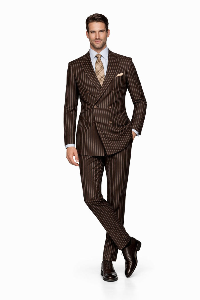 Men's Designer Double Breasted Wool Suit in Bold Brown Gangster Pinstripe.