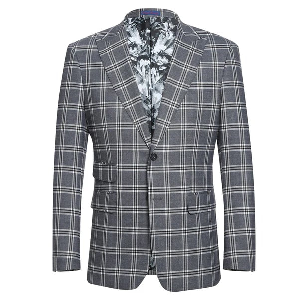 English Laundry Suits  Designer Brand - Stretch Performance Double Breasted Grey Plaid Slim Fit Suit by English Laundry - Coat Size 38