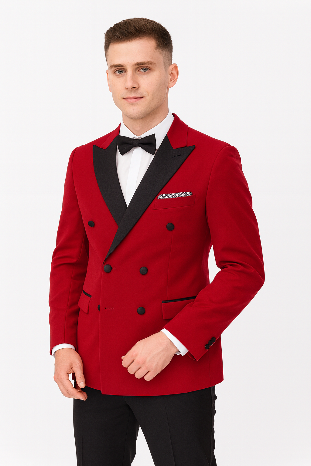 Double Breasted Tuxedo - Velvet Dinner Jacket with Pants in Color Red - Coat Size 38