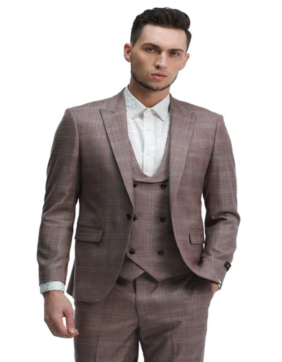 Men's One Button Slim Fit Double Breasted Vest Plaid Rose Pink Suit - 38 Short Jacket+32 Waist Adjustable 28to34)(Height: 5 4 to5 7 )(Neck  15-16.5)S-M)