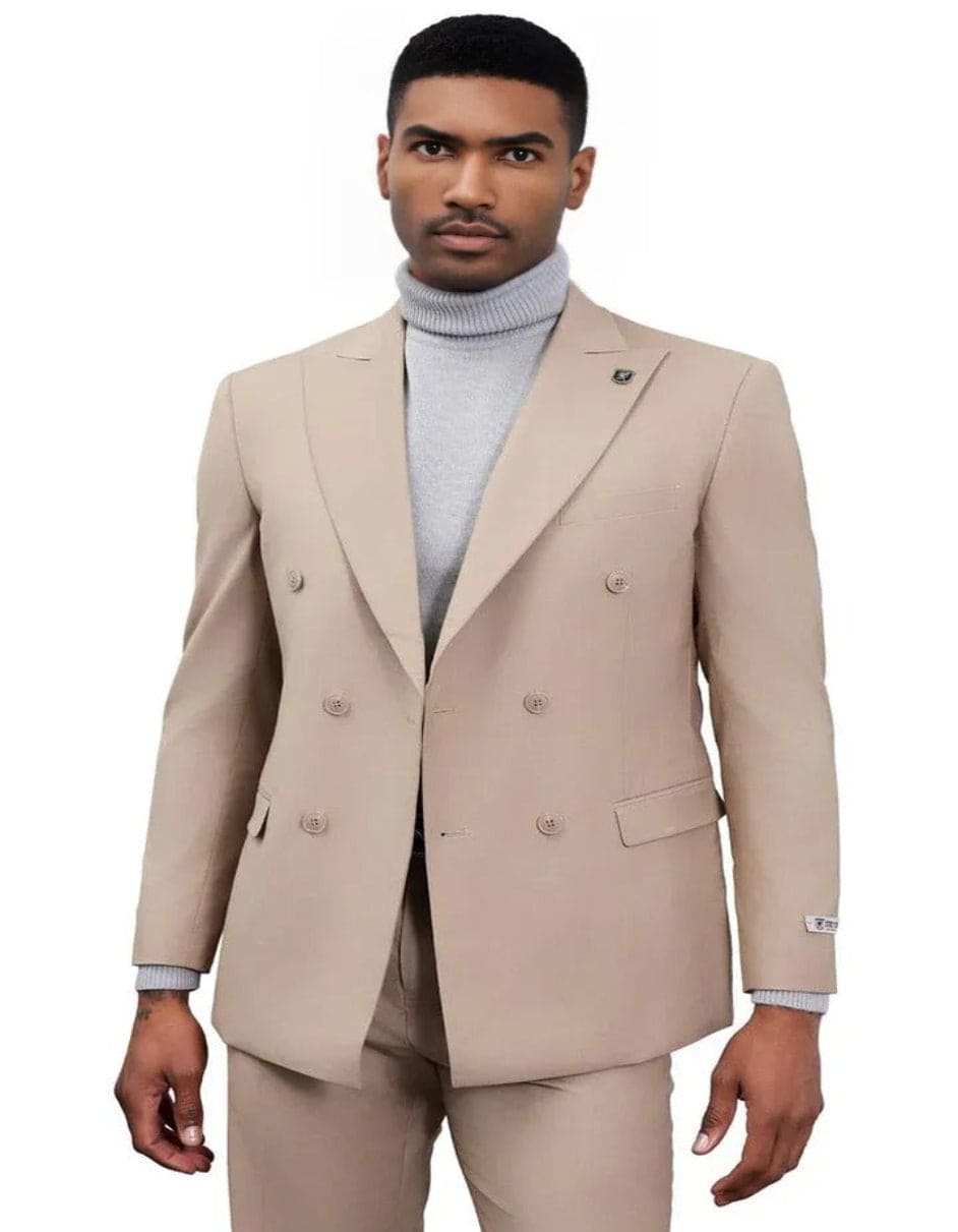 Men's Designer Stacy Adams Classic Double Breasted Tan Suit - 34 Short or Extra Small