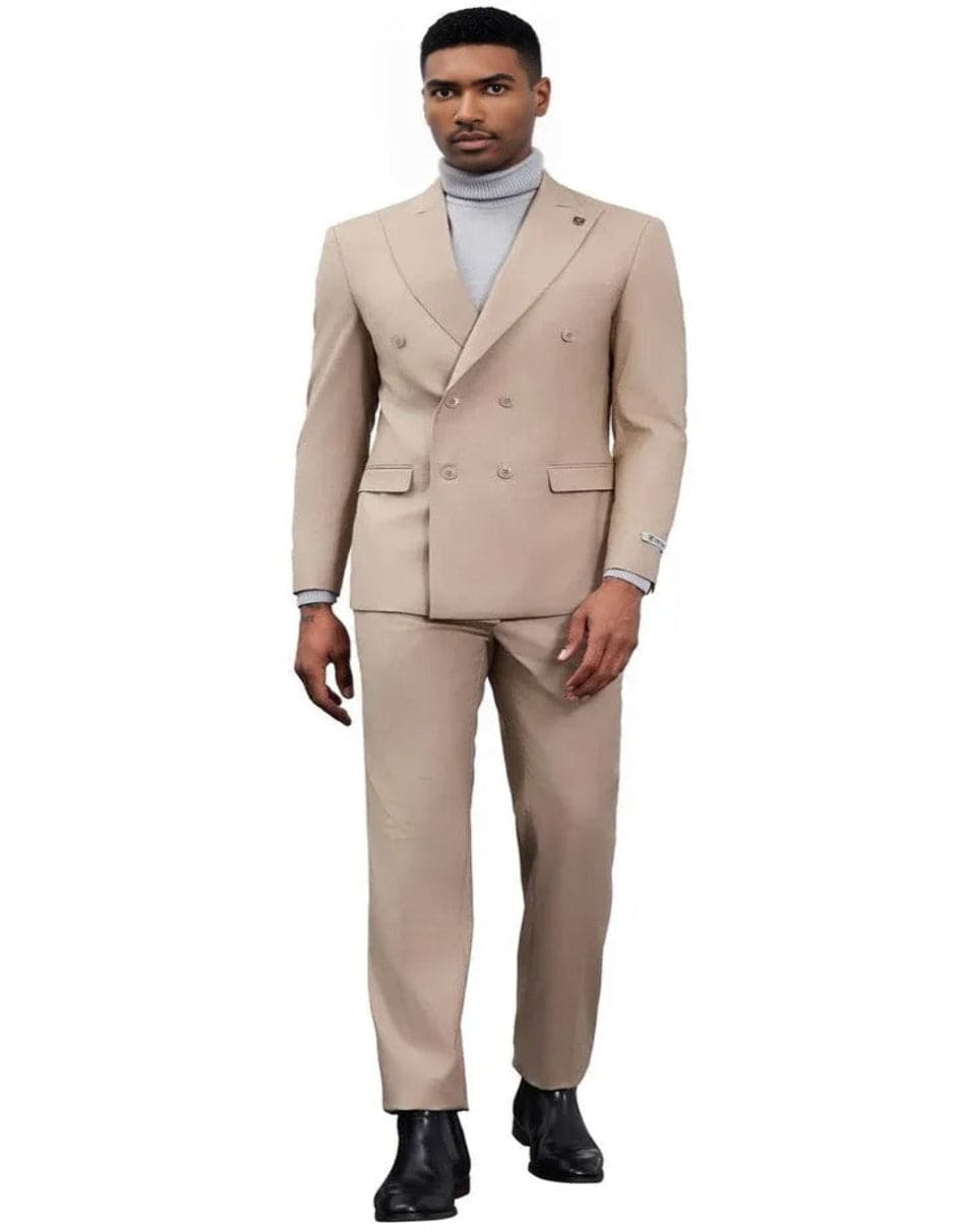 Men's Designer Stacy Adams Classic Double Breasted Tan Suit - Coat Size 38
