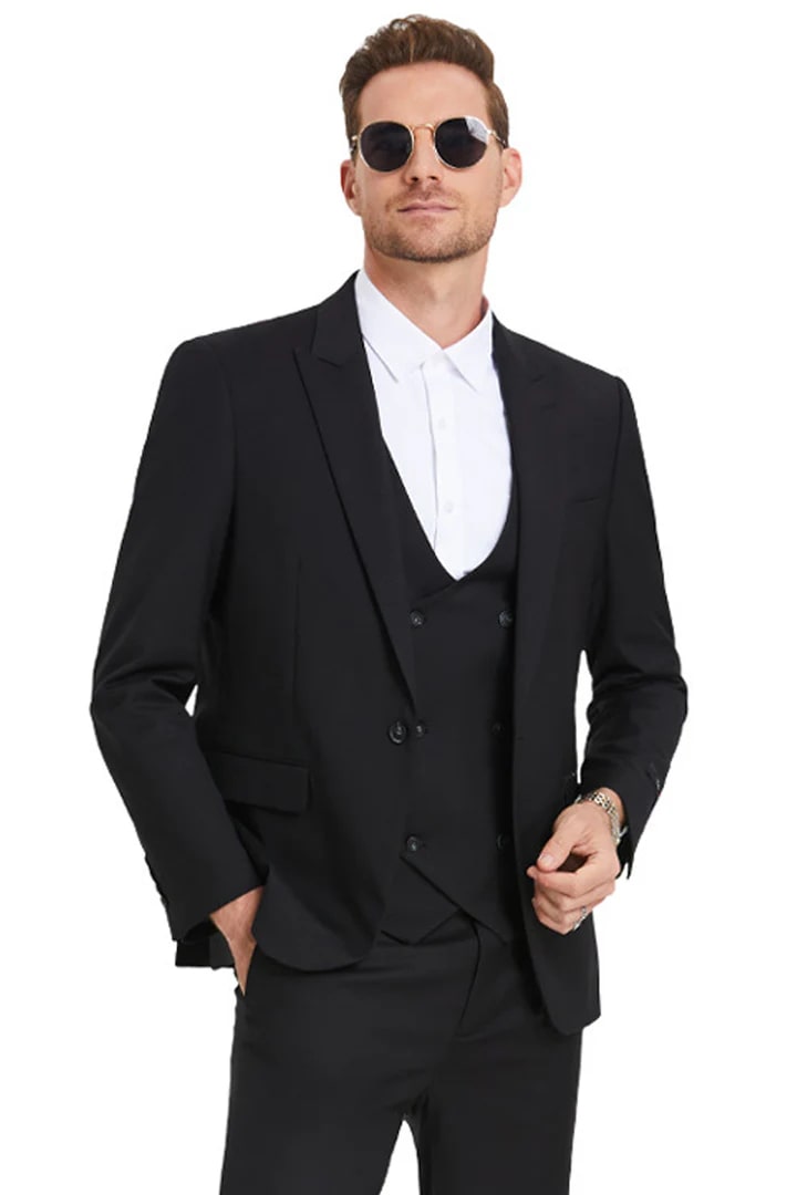 Cheap Suit - Men's Slim Fit One Button Peak Lapel Low Cut Double Breasted Vest Wedding Black Suit