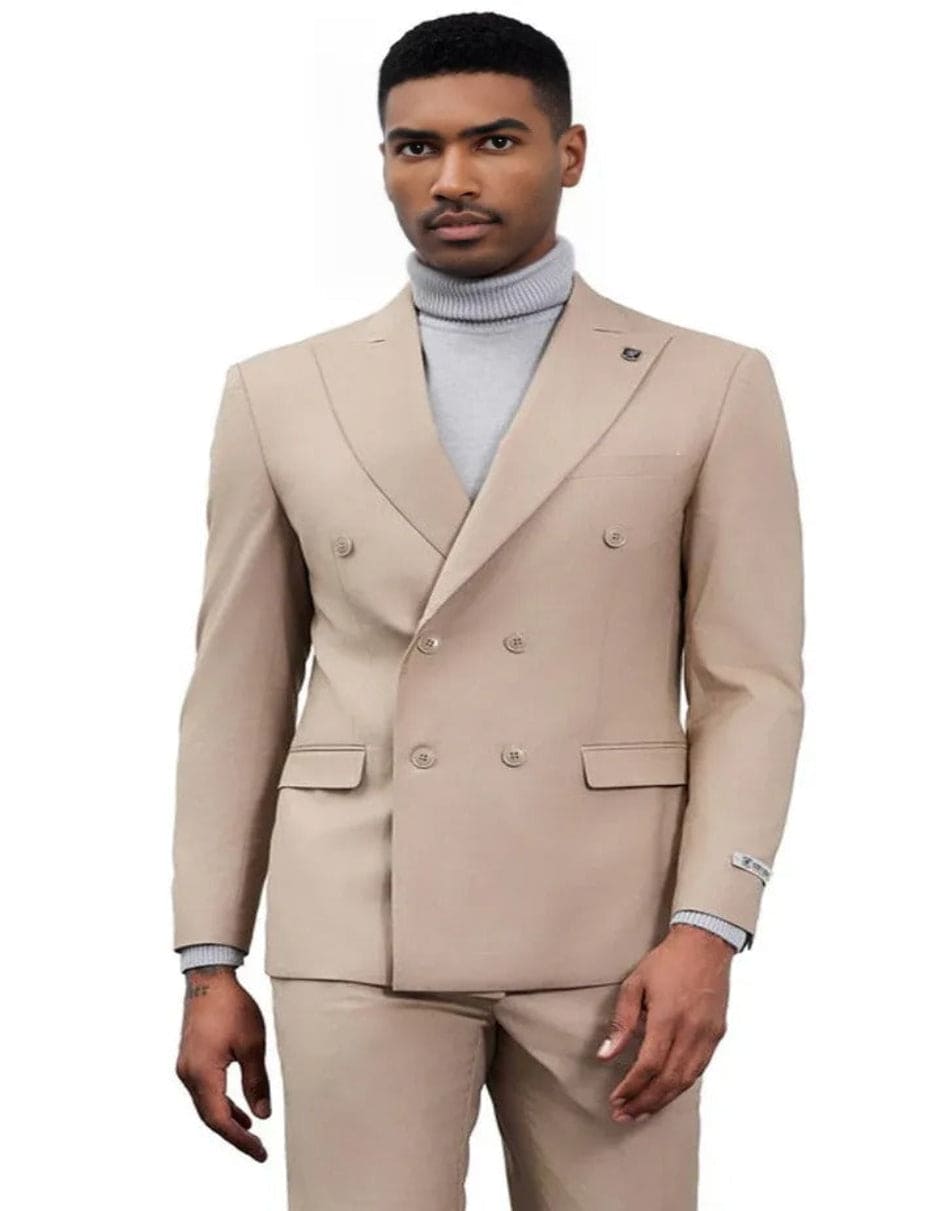 Men's Designer Stacy Adams Classic Double Breasted Tan Suit - Coat Size 38