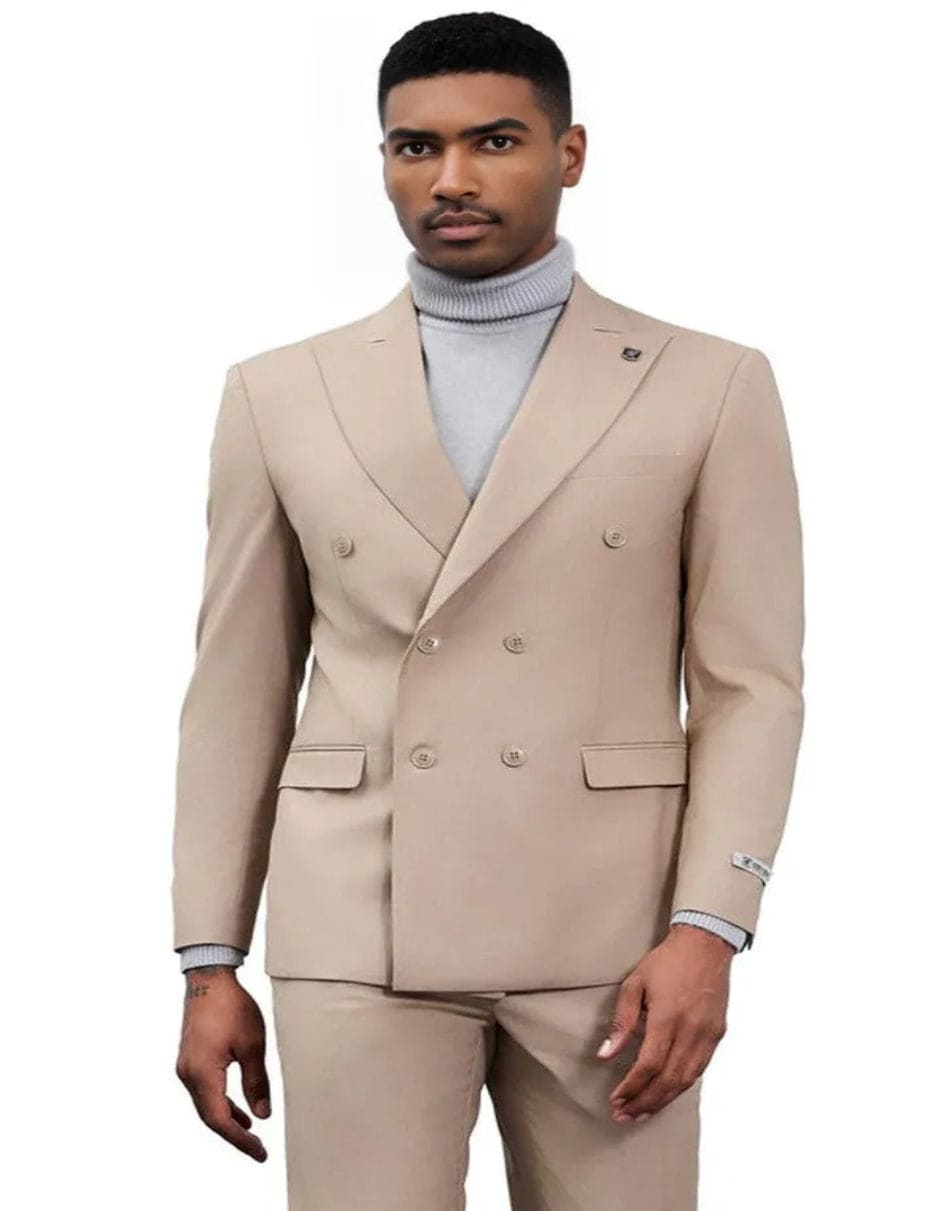 Men's Designer Stacy Adams Classic Double Breasted Tan Suit - 34 Short or Extra Small